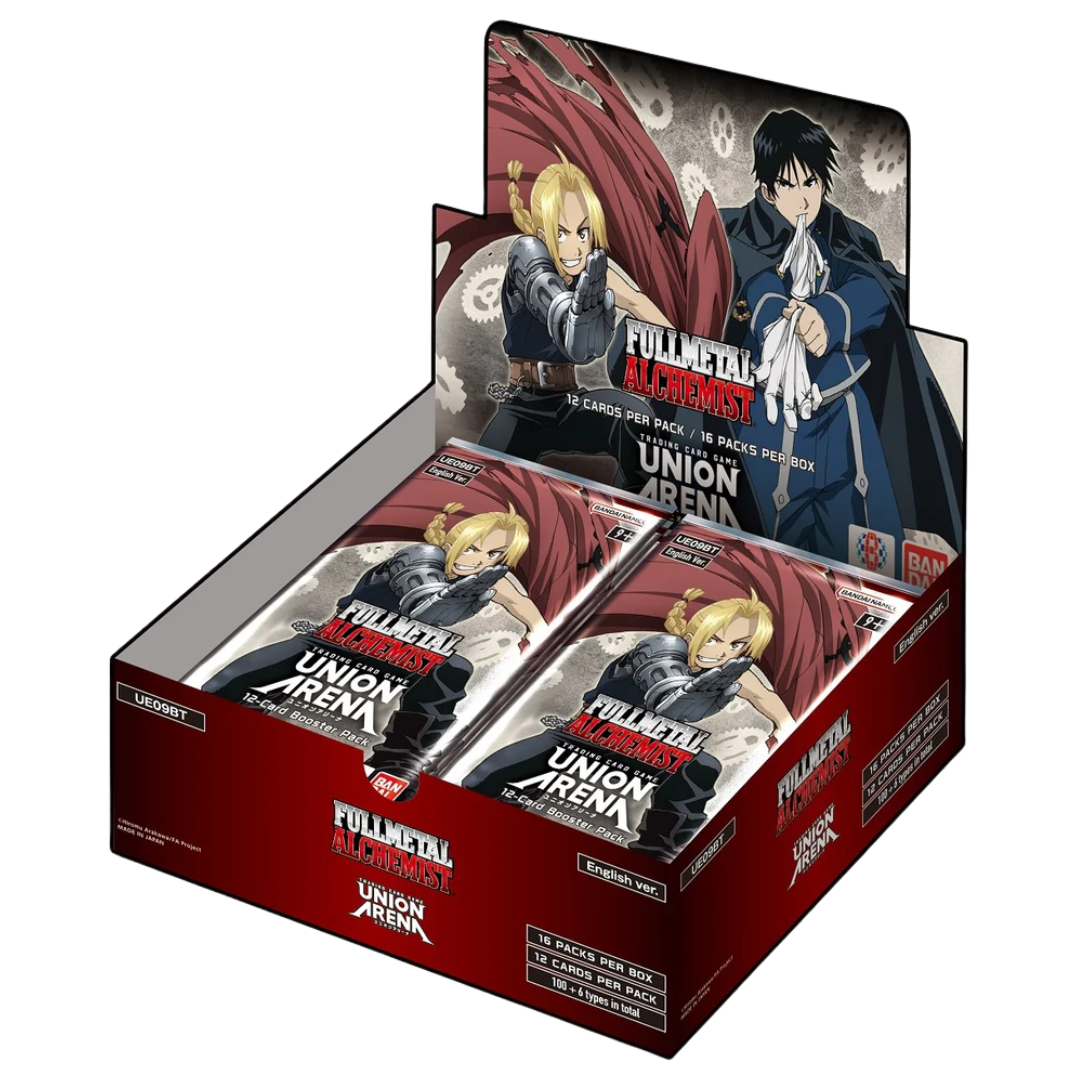 Union Arena Full Metal Alchemist Booster Display box containing 16 packs of trading cards