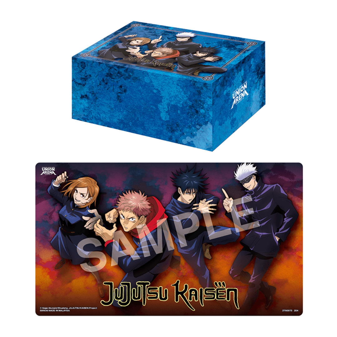 Union Arena Jujutsu Kaisen Playmat/Box – A premium playmat featuring iconic artwork from Jujutsu Kaisen, paired with a sturdy storage box to keep your cards safe and organized. Perfect for Jujutsu Kaisen fans and Union Arena players looking to elevate their gameplay experience with high-quality accessories.