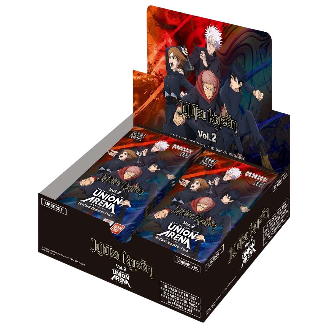 Union Arena Jujutsu Kaisen Vol.2 booster display box with 16 packs featuring Shibuya Arc characters