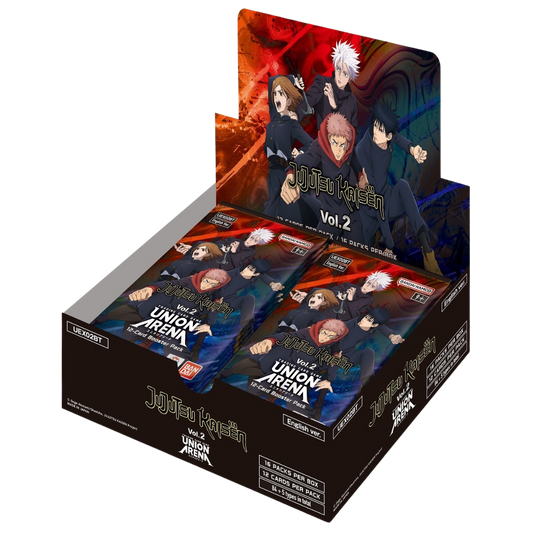 Union Arena Jujutsu Kaisen Vol.2 booster display box with 16 packs featuring Shibuya Arc characters