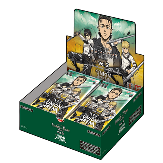 Union Arena Attack on Titan Volume 2 booster display with Eren, Mikasa and Armin artwork