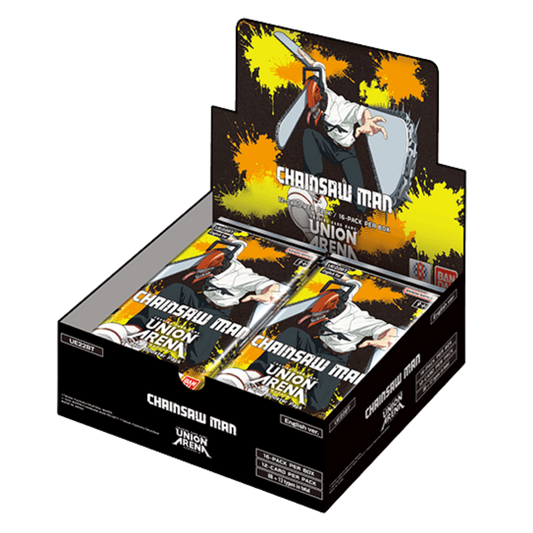 Union Arena Chainsaw Man Booster Display featuring 16 booster packs with exclusive anime artwork and collectible trading cards