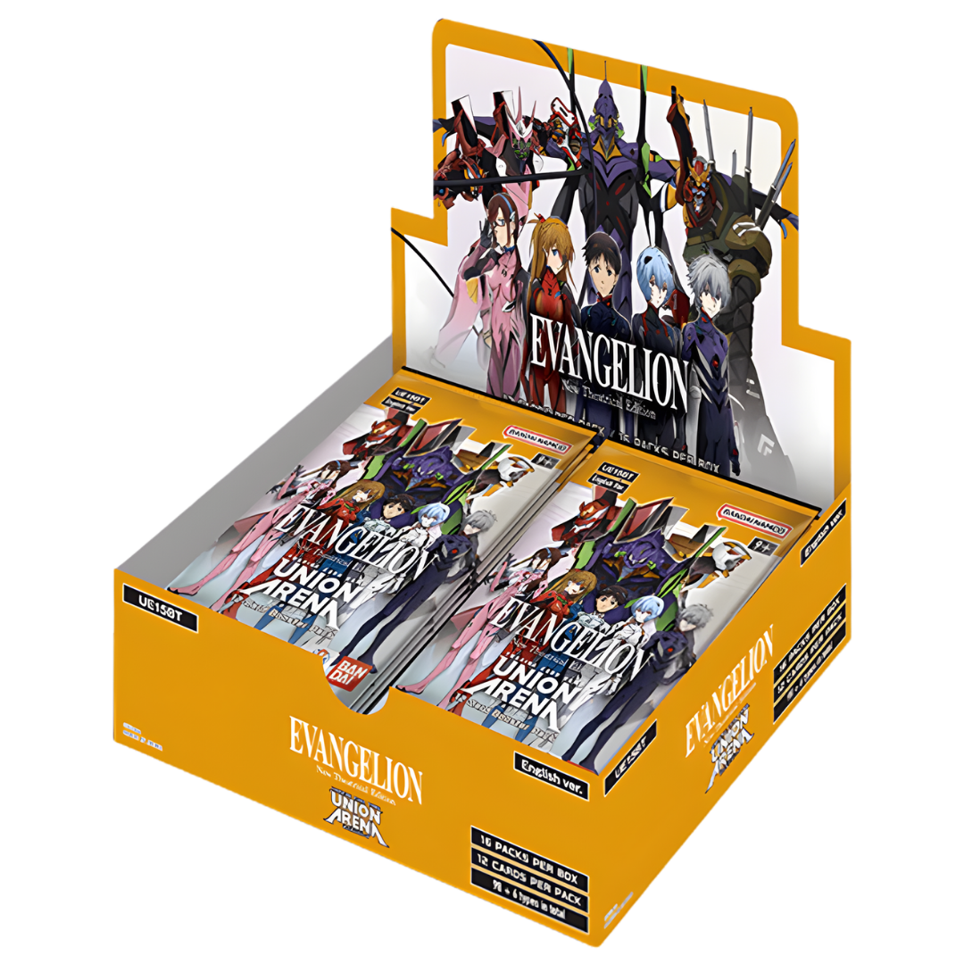 Union Arena Evangelion New Theatrical Edition Booster Display box showing official Bandai Union Arena packaging and Evangelion artwork