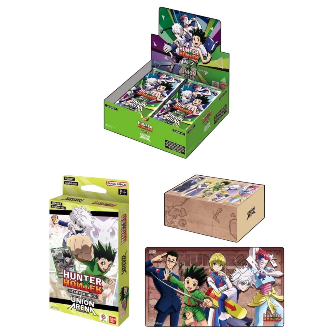 Union Arena Hunter X Hunter Battle-Ready Bundle with booster display, starter deck, playmat, and storage box