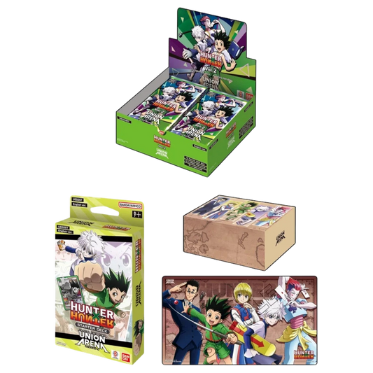 Union Arena Hunter X Hunter Battle-Ready Bundle with booster display, starter deck, playmat, and storage box