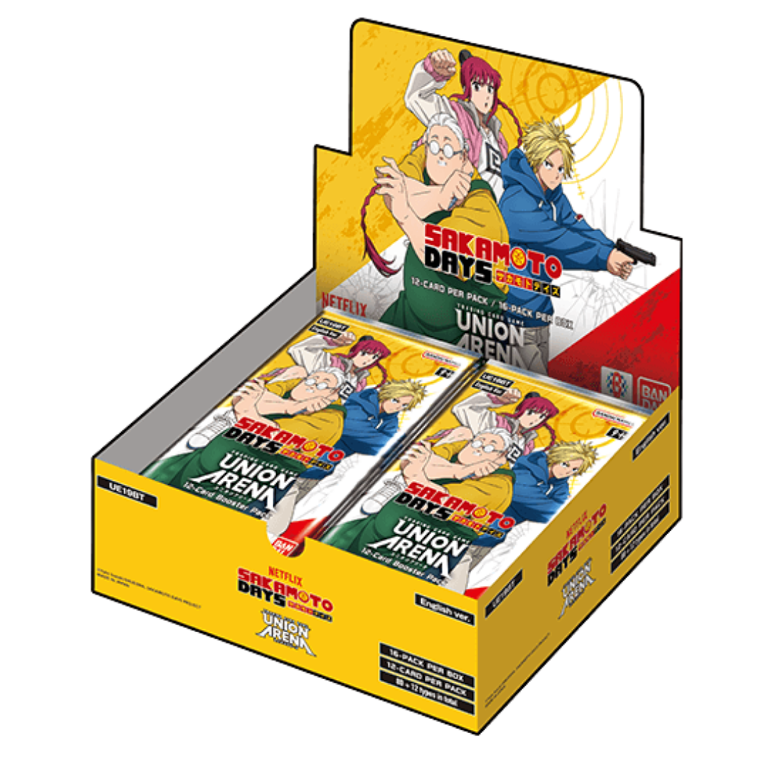 Union Arena Sakamoto Days Booster Display featuring Taro Sakamoto, Shin Asakura, and anime trading card packs