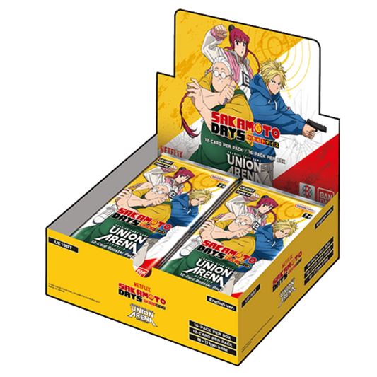 Union Arena Sakamoto Days Booster Display featuring Taro Sakamoto, Shin Asakura, and anime trading card packs