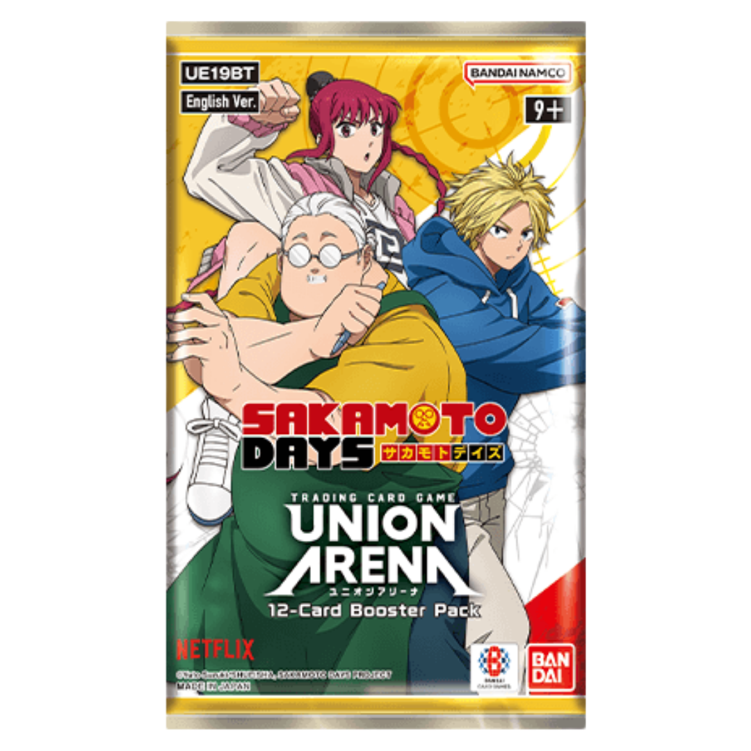 Union Arena Sakamoto Days Booster Pack featuring Taro Sakamoto, Shin Asakura, and anime trading cards