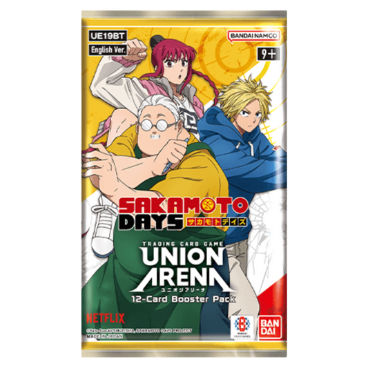 Union Arena Sakamoto Days Booster Pack featuring Taro Sakamoto, Shin Asakura, and anime trading cards