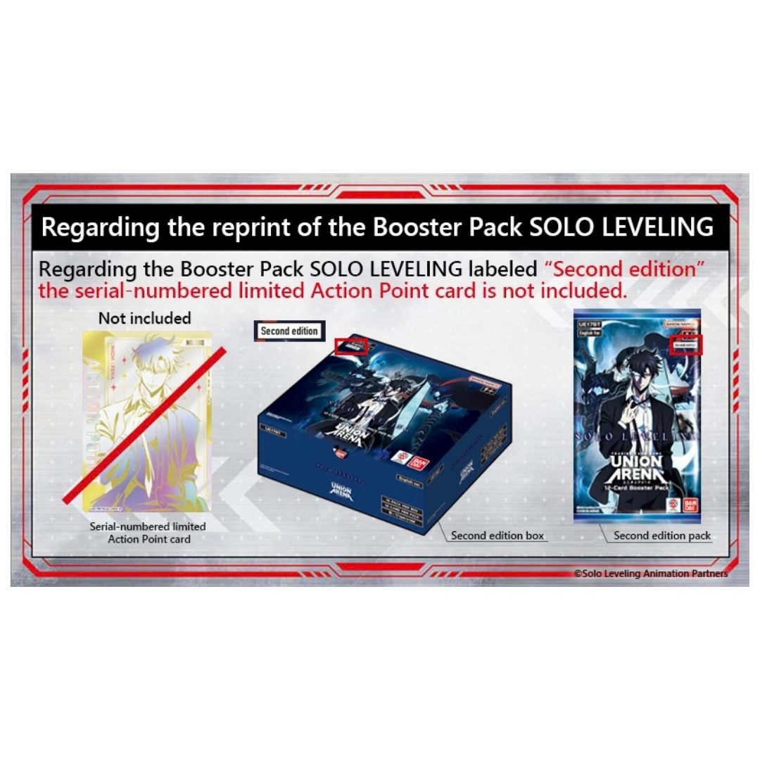 A product information graphic for Bandai's Solo Leveling booster packs, specifically clarifying that the 'Second edition' serial numbered limited Action Point card is not included. The graphic displays the blue 'Second edition box', the 'Second edition pack' (Union Arena), and a crossed-out version of the limited action point card.