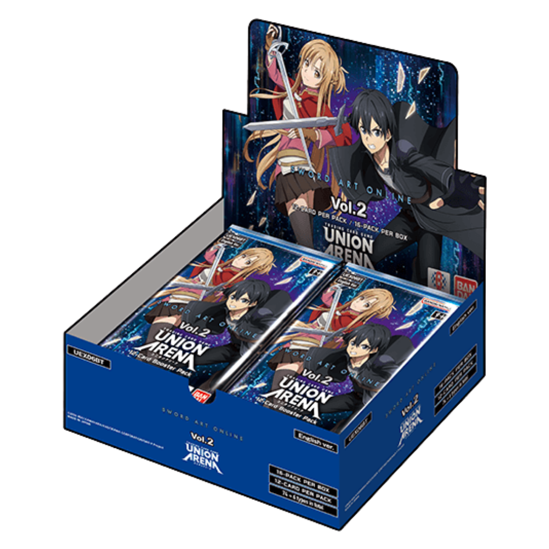 Union Arena Sword Art Online Volume 2 booster display box featuring SAO characters and trading card packs