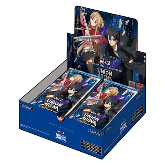 Union Arena Sword Art Online Volume 2 booster display box featuring SAO characters and trading card packs