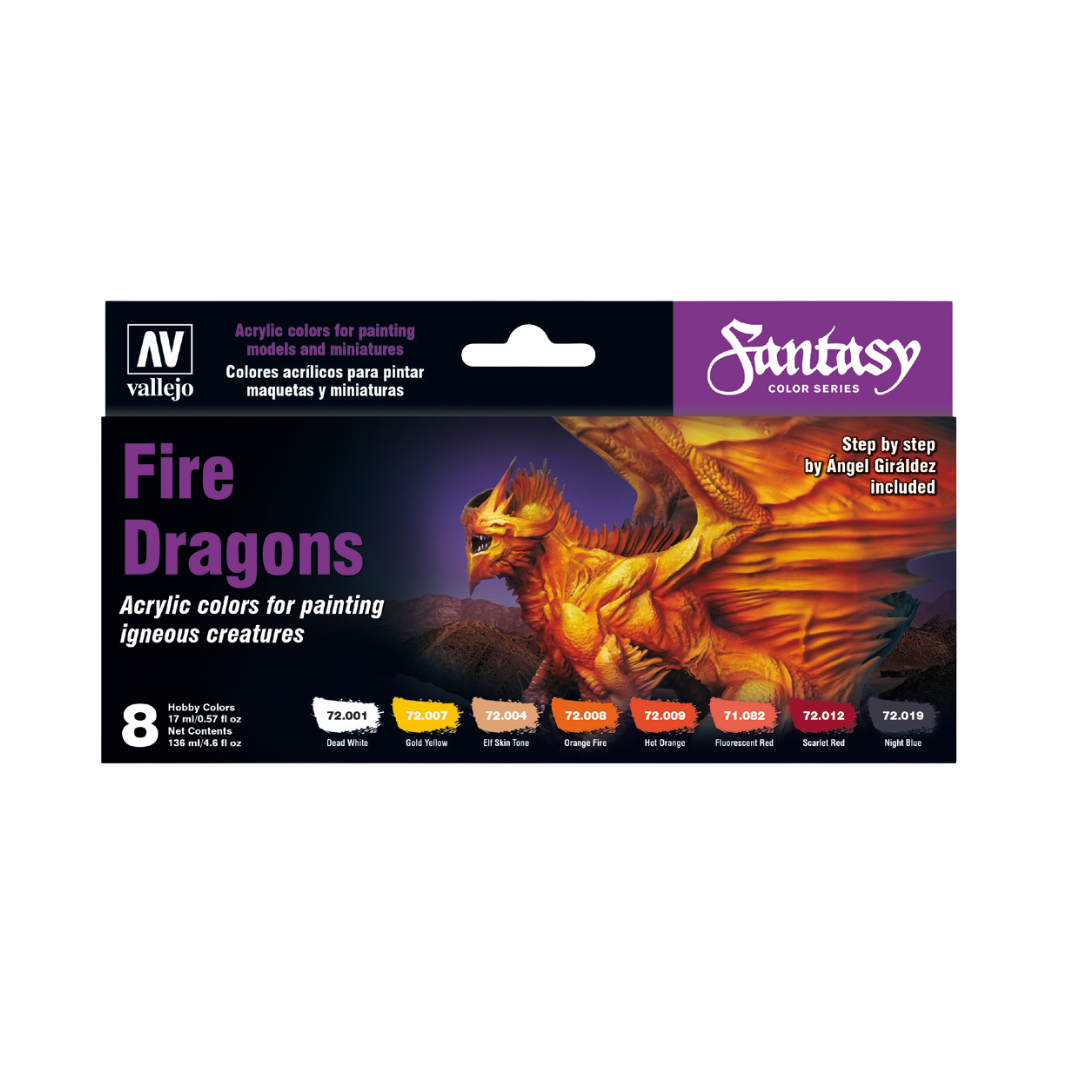 Vallejo Fantasy Color Series Dragon Paint Set with 8 colors and Ángel Giráldez painting guide for fantasy miniatures