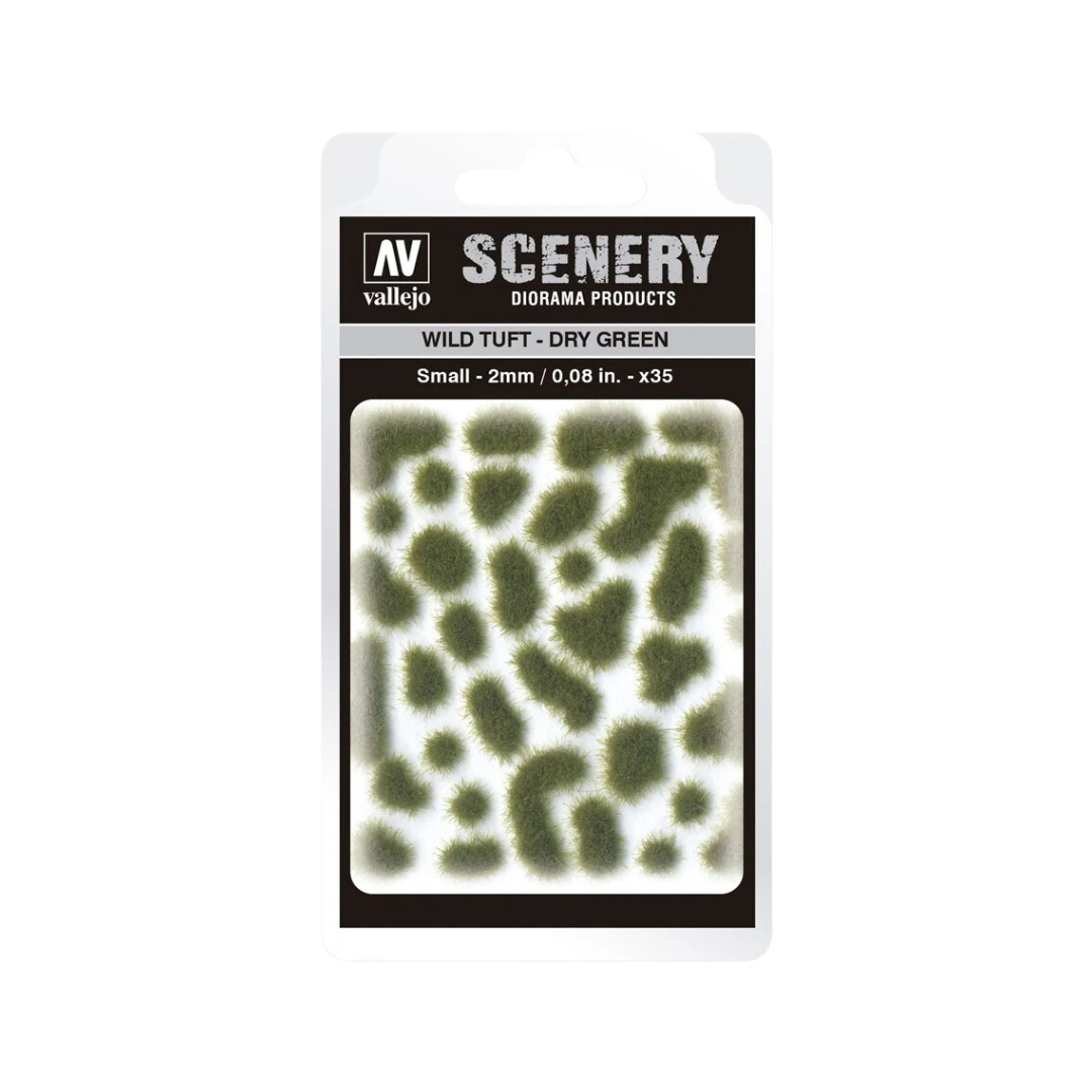 Vallejo Scenery Small Wild Tuft Dry Green, realistic model grass tufts for miniature bases, dioramas, and wargaming terrain.