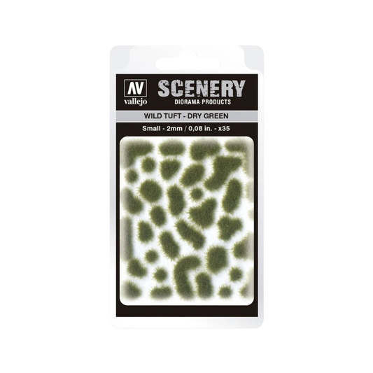Vallejo Scenery Small Wild Tuft Dry Green, realistic model grass tufts for miniature bases, dioramas, and wargaming terrain.