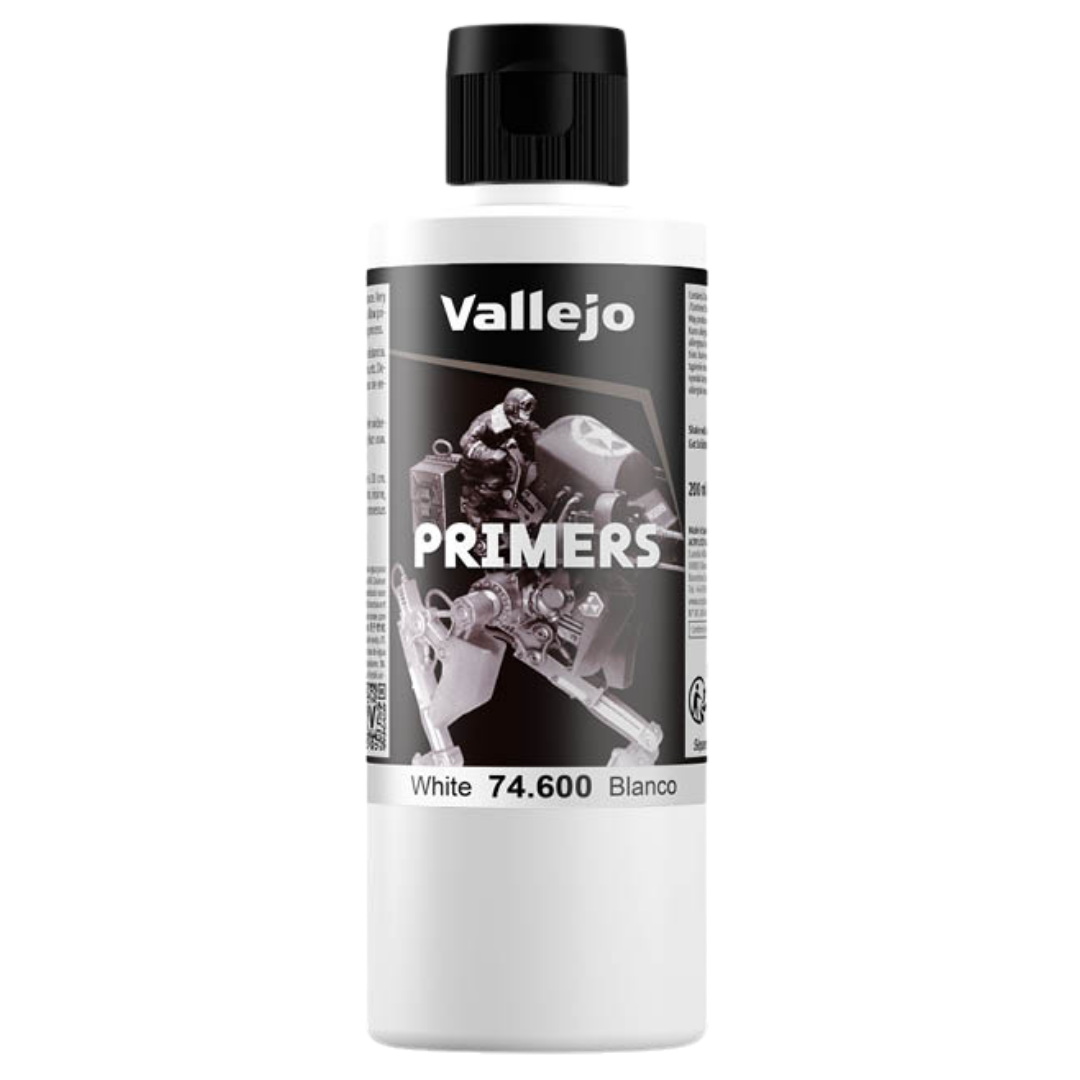 Vallejo Surface Primer White 200ml bottle, acrylic primer for model painting, ensures excellent paint adhesion and fine detail preservation