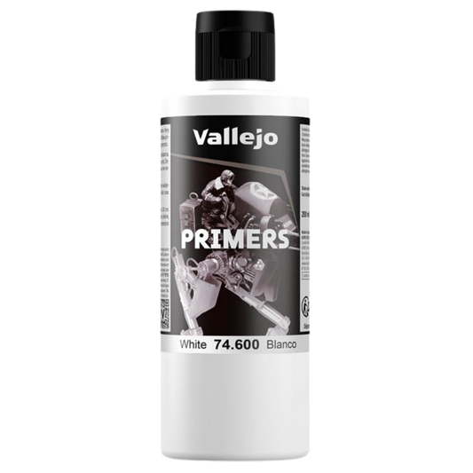 Vallejo Surface Primer White 200ml bottle, acrylic primer for model painting, ensures excellent paint adhesion and fine detail preservation