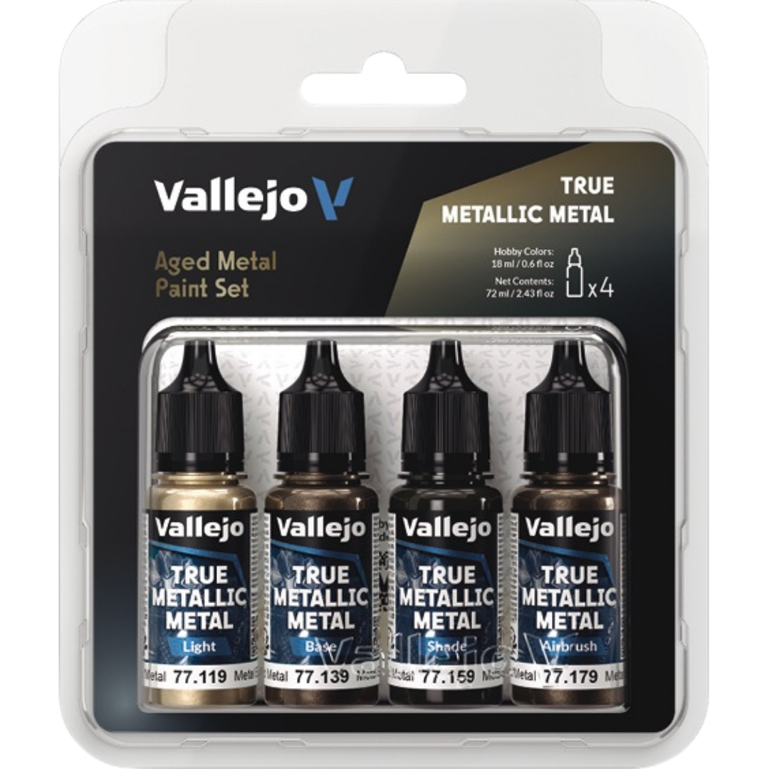 Vallejo True Metallic Metal Aged Metal paint set of four for miniature and model painting