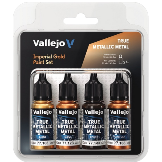 Vallejo True Metallic Metal Imperial Gold paint set of four for miniature and model painting