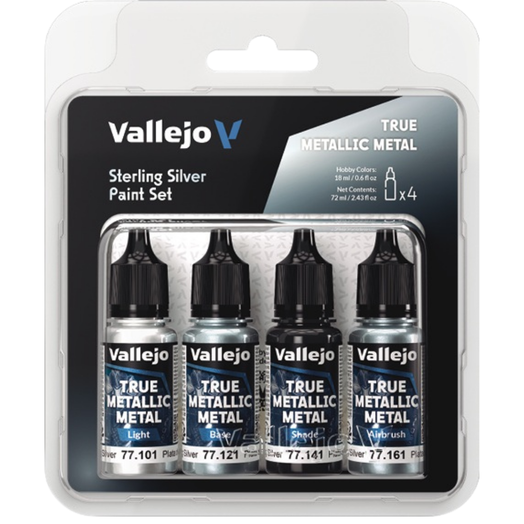 Vallejo True Metallic Metal Sterling Silver paint set of four for miniature and model painting