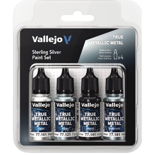 Vallejo True Metallic Metal Sterling Silver paint set of four for miniature and model painting