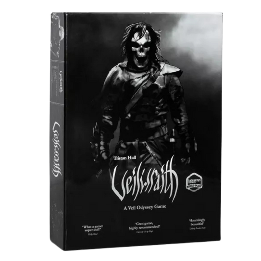 Veilwraith card game featuring a haunting post-apocalyptic fantasy setting, deck-building mechanics, and solo or multiplayer gameplay options.