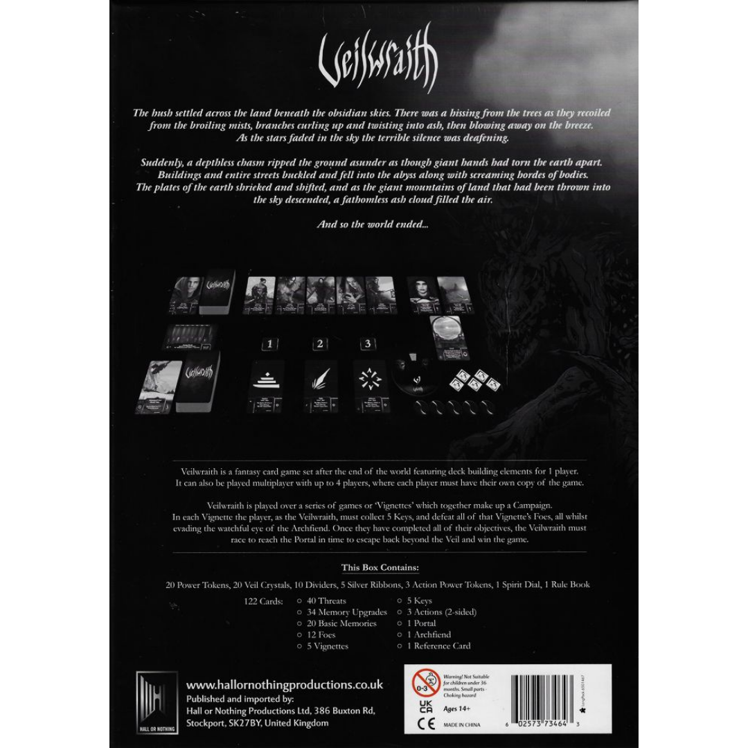 Veilwraith card game featuring a haunting post-apocalyptic fantasy setting, deck-building mechanics, and solo or multiplayer gameplay options.