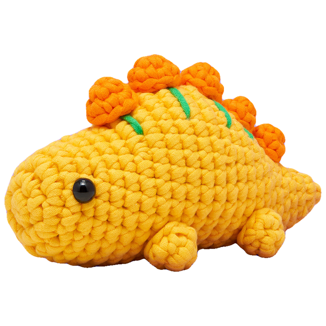 Finished Stegosaurus crocheted character from The Woobles crochet kit
