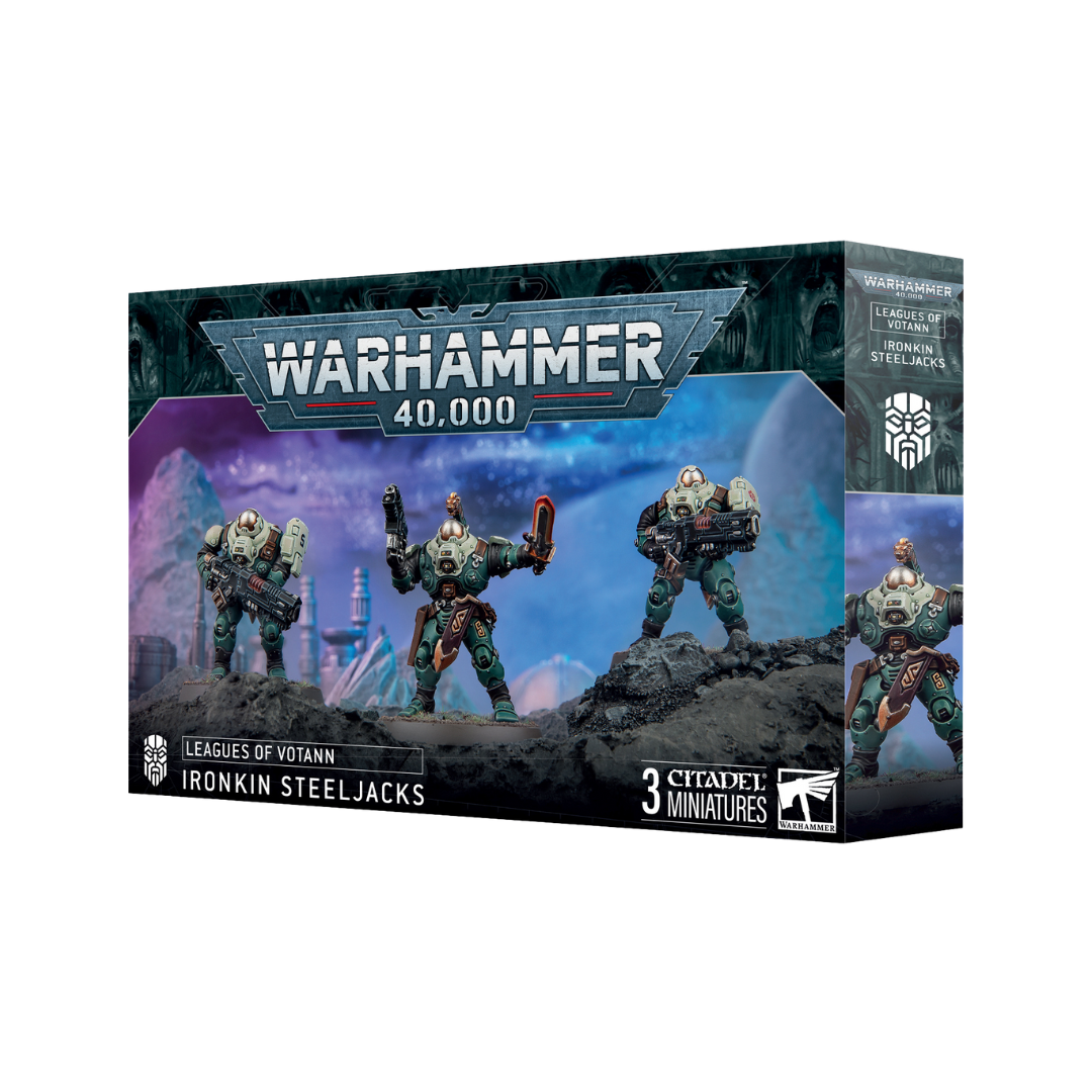 Ironkin Steeljacks box art showing three towering combat-ready Ironkin models with weapon options