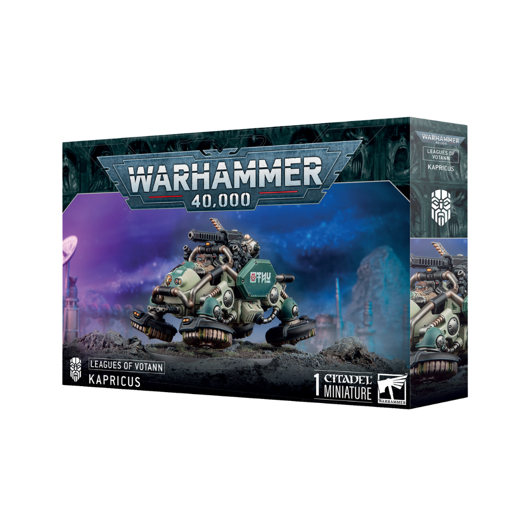 Kapricus plastic model kit box art showing Leagues of Votann anti-grav vehicle build options