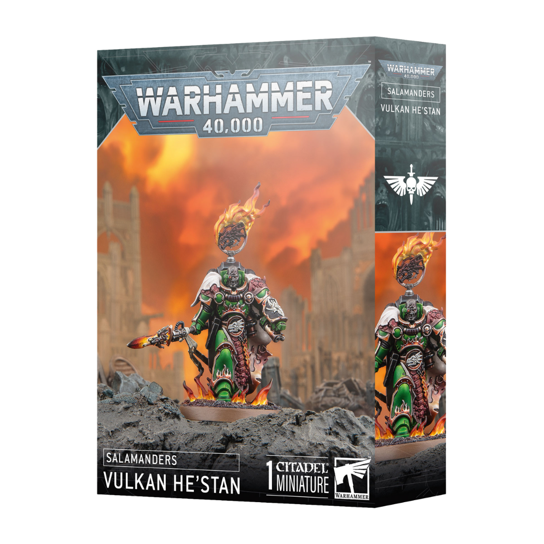 Vulkan He’stan box art showing Salamanders Forgefather with bare and helmeted head options