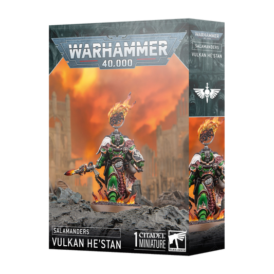 Vulkan He’stan box art showing Salamanders Forgefather with bare and helmeted head options