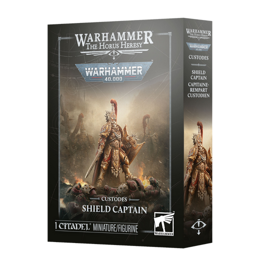 Warhammer 40,000 Adeptus Custodes Shield Captain miniature in ornate golden armor