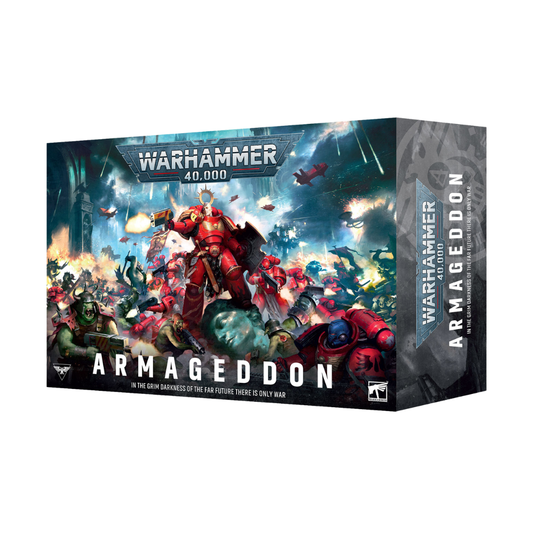 Warhammer 40,000 Armageddon box set with Space Marines, Orks, rules, campaign books, and miniatures for the new edition
