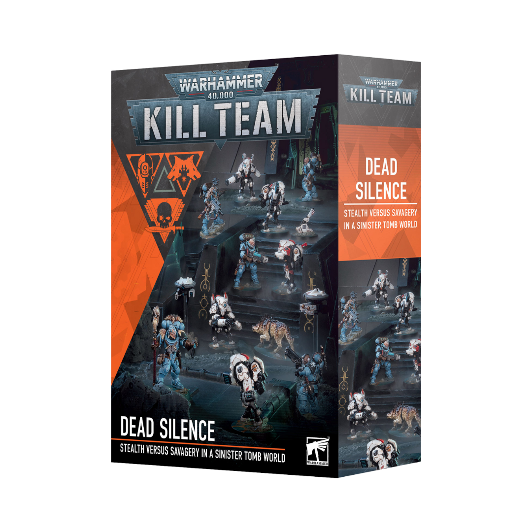 Box art for Warhammer 40,000 Kill Team: Dead Silence featuring T’au and Space Wolves operatives
Built miniatures from Warhammer 40K Kill Team Dead Silence, including XV25 Stealth Suits and Wolf Scouts