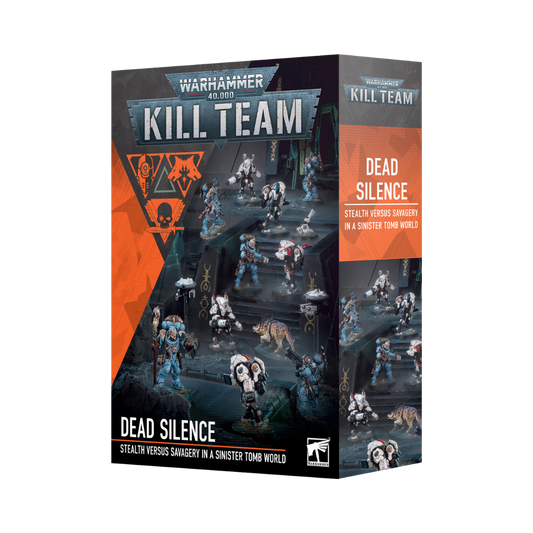 Box art for Warhammer 40,000 Kill Team: Dead Silence featuring T’au and Space Wolves operatives
Built miniatures from Warhammer 40K Kill Team Dead Silence, including XV25 Stealth Suits and Wolf Scouts