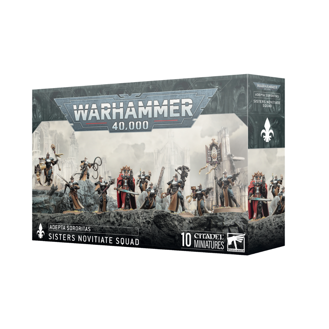 Warhammer 40,000 Adepta Sororitas Sisters Novitiate Squad box art with 10 recruit miniatures