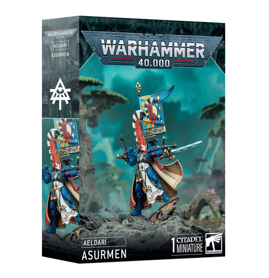 Warhammer 40k Aeldari Asurmen miniature, Phoenix Lord of the Dire Avengers, with detailed armor, twin Avenger catapults, and ancient sword.