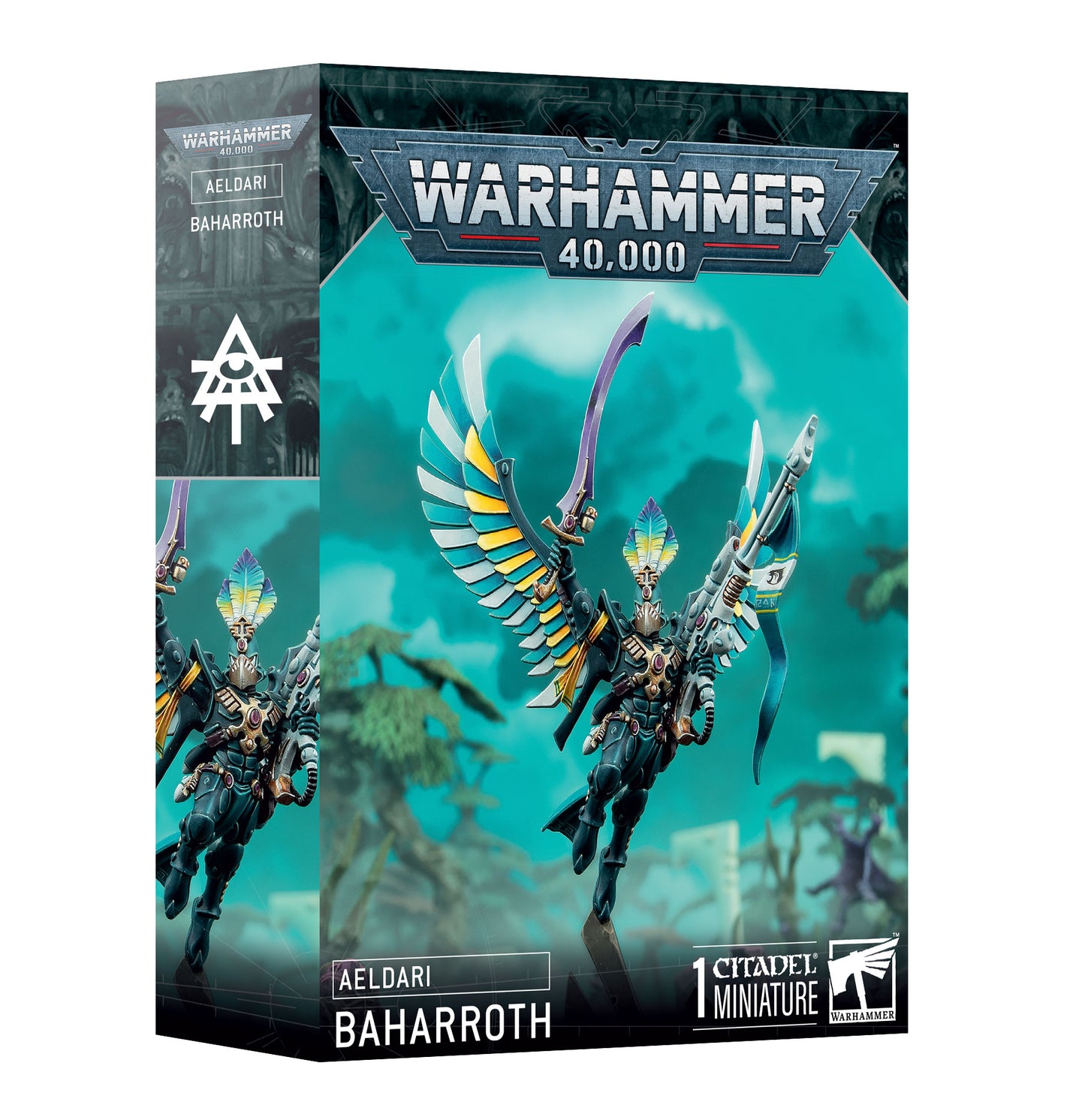 Warhammer 40k Aeldari Baharroth miniature, Phoenix Lord of the Swooping Hawks, with detailed winged armor and dynamic design.