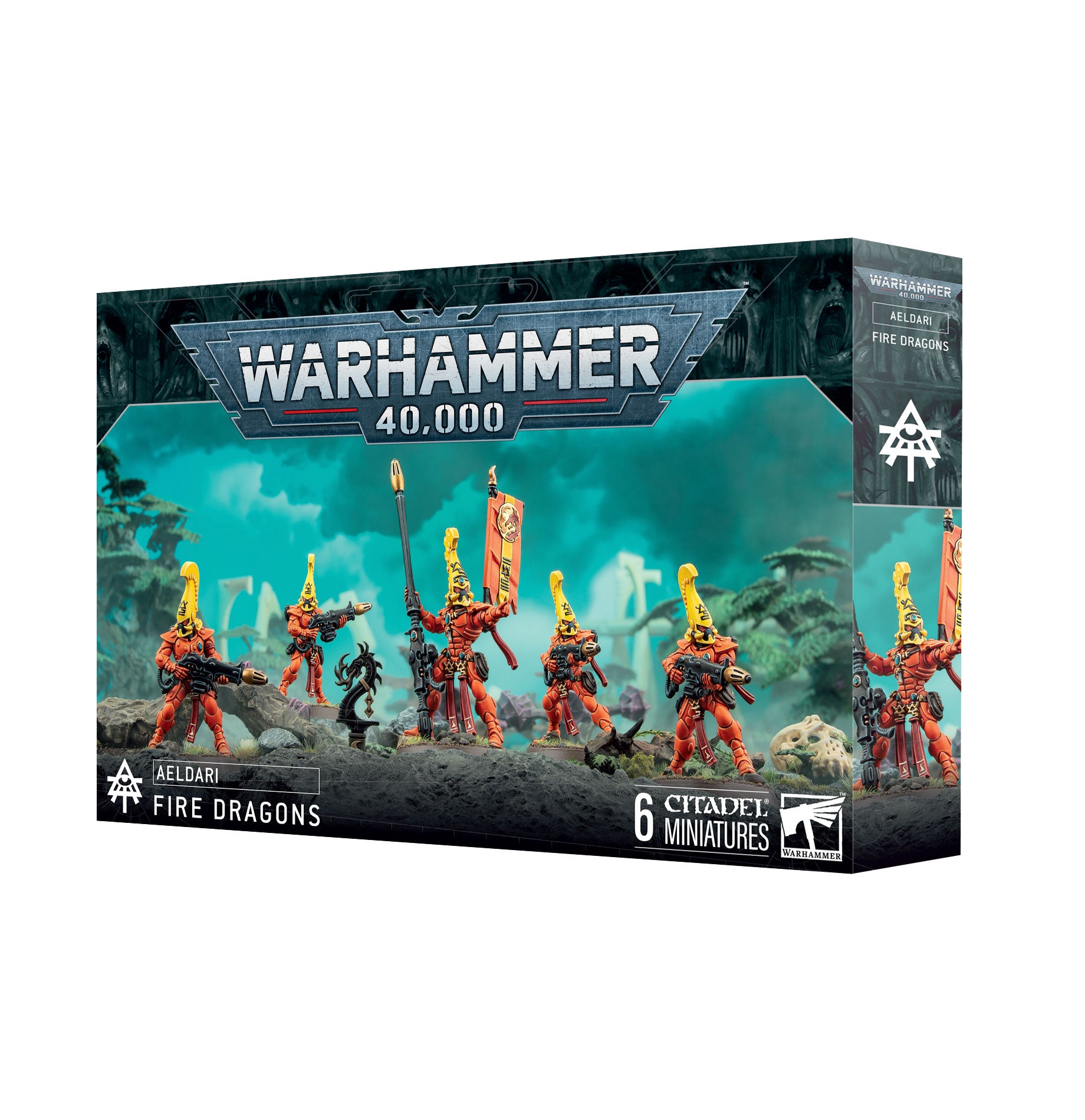 Warhammer 40k Aeldari Fire Dragons miniatures, equipped with fusion guns and striking red armor for anti-armor combat.