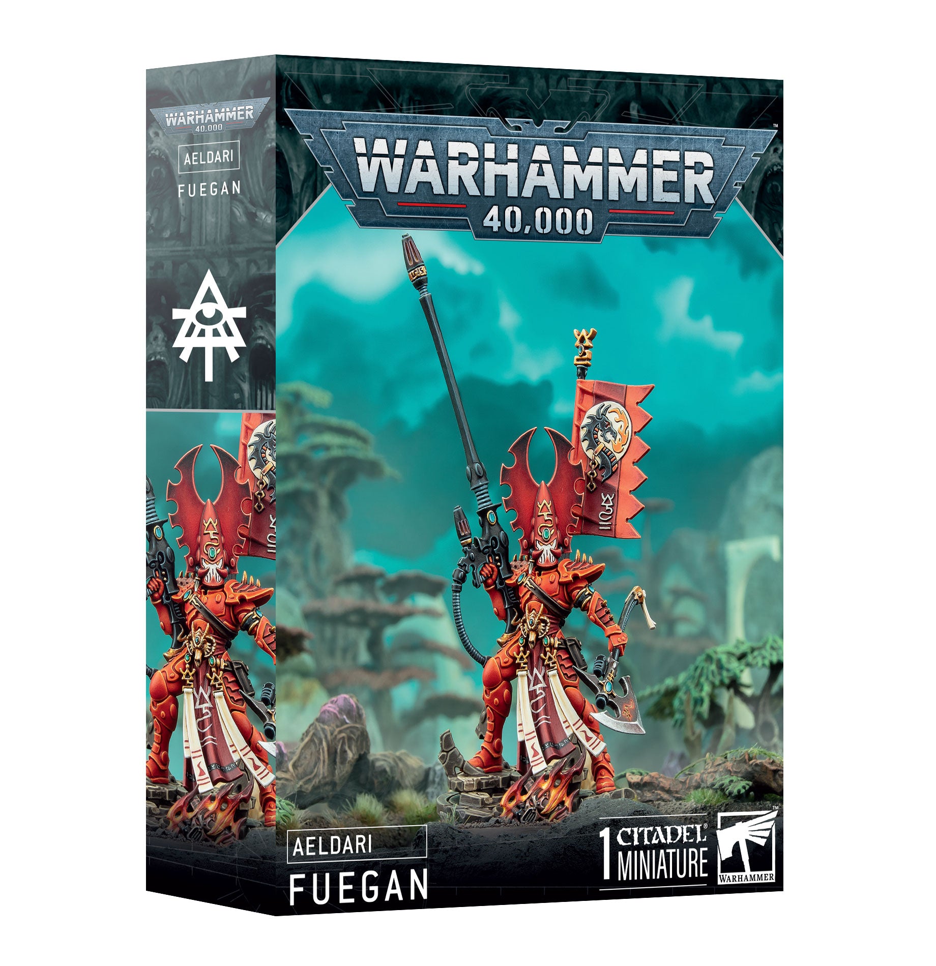 Warhammer 40k Aeldari Fuegan miniature, Phoenix Lord of the Fire Dragons, featuring a dynamic pose and detailed sculpt.