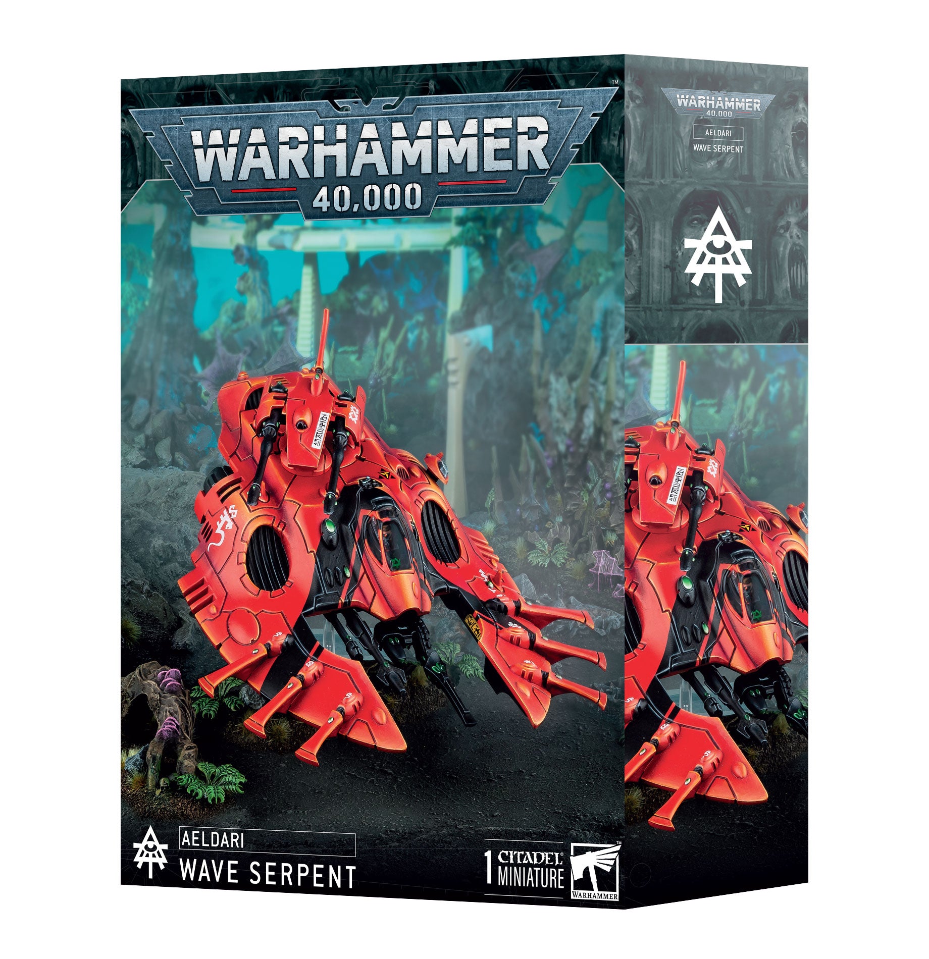 Warhammer 40k Aeldari Wave Serpent transport vehicle, featuring energy shields, sleek design, and customizable weaponry.