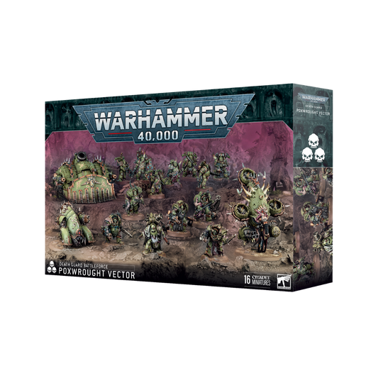Warhammer 40k Death Guard Poxwrought Vector Battleforce box featuring Nurgle-themed miniatures, Plague Marines, Death Guard army units, and grimdark tabletop war models.