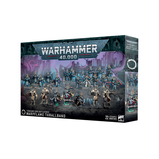 Warhammer 40K Battleforce Thousand Sons Warpflame Thrallband, Chaos army box with Rubric Marines, Exalted Sorcerers, Scarab Occult Terminators, and Sekhetar Robots for Warhammer 40,000.