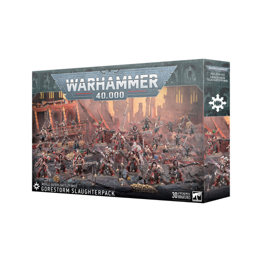 Warhammer 40k World Eaters Gorestorm Slaughterpack Battleforce box with Khorne Berzerkers, Chaos vehicles, and World Eaters miniatures for grimdark tabletop warfare.