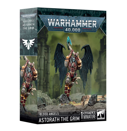 Warhammer 40K Astorath the Grim miniature wielding an executioner’s axe, soaring with jetpack wings.