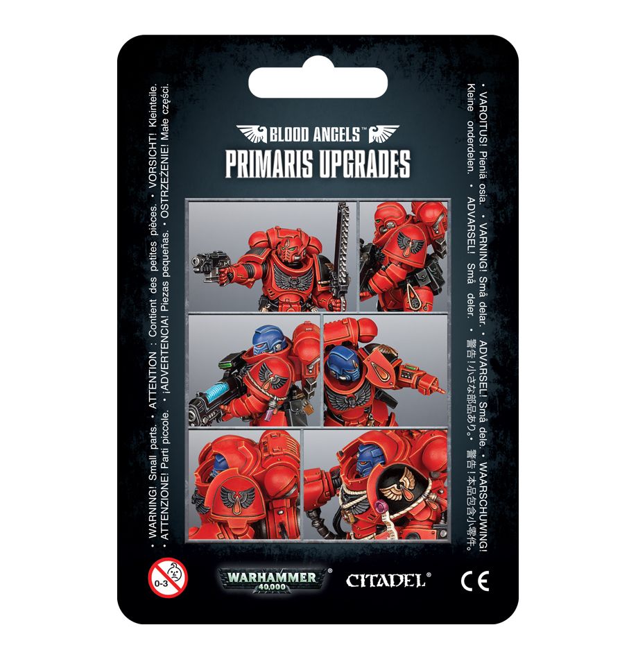 Blood Angels upgrade set with Mk X shoulder pads, bare heads, bolt pistol arm, chainsword arm, reliquaries, and a tilting plate for model customization.