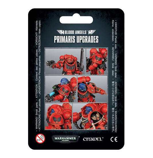 Blood Angels upgrade set with Mk X shoulder pads, bare heads, bolt pistol arm, chainsword arm, reliquaries, and a tilting plate for model customization.