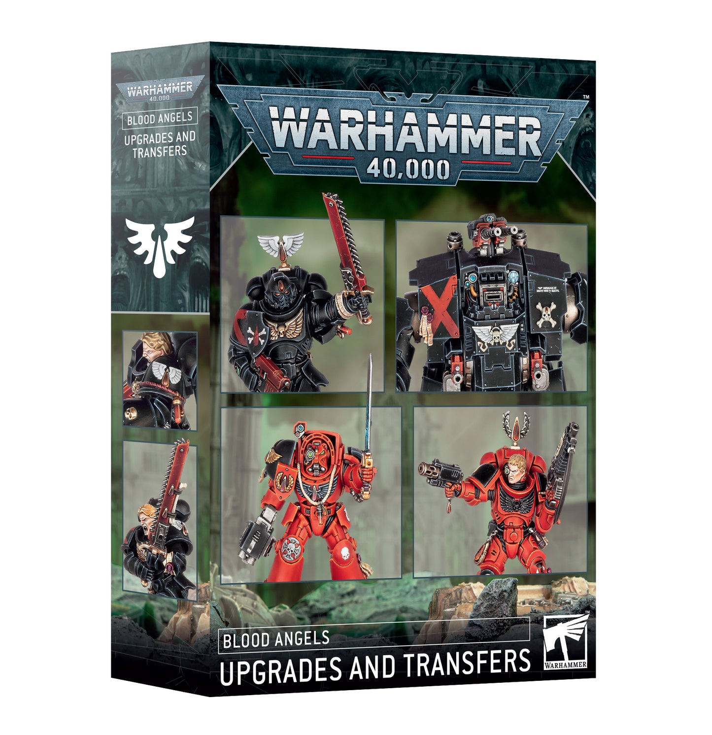 Warhammer 40K Blood Angels upgrade kit with weapons, shoulder pads, relics, and custom details for Space Marine miniatures and vehicles.