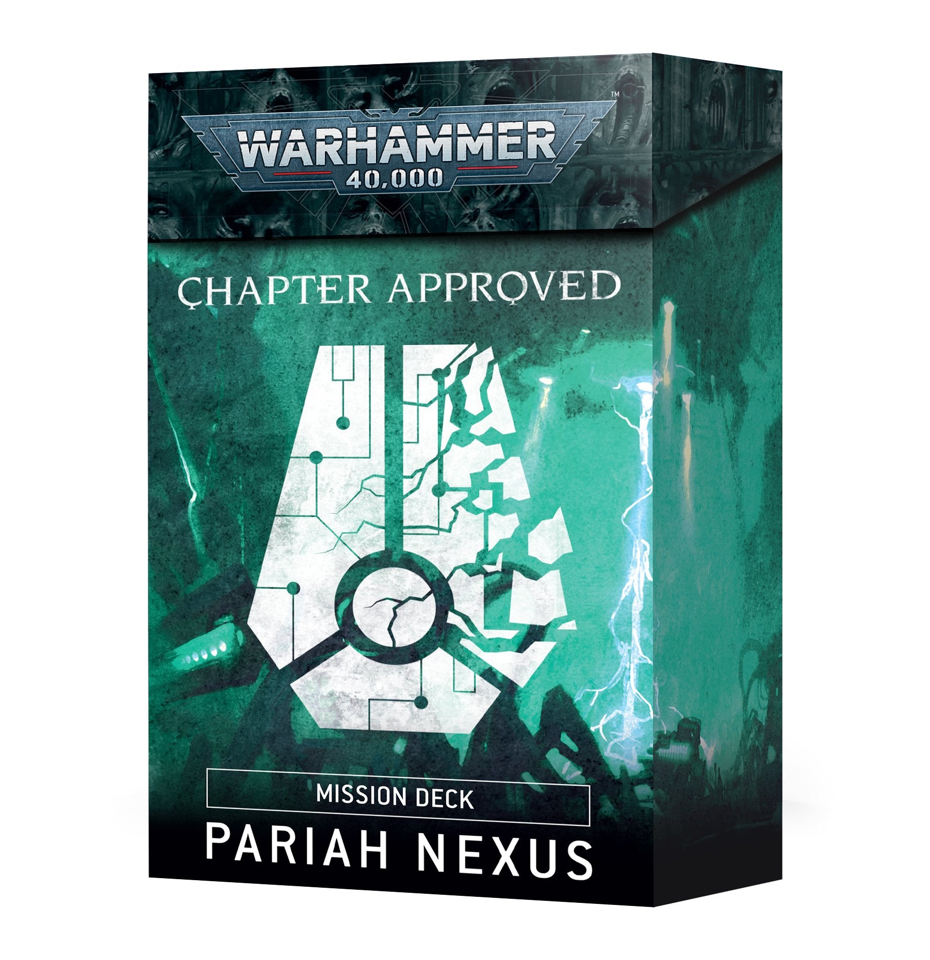 Pariah Nexus mission cards and accessories for Warhammer 40,000, including deployment, mission rules, and objective markers.